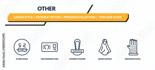 other icons set - scared smile, idea business card, wooden stamper, araba woman, grooming glove outline vector collection.
