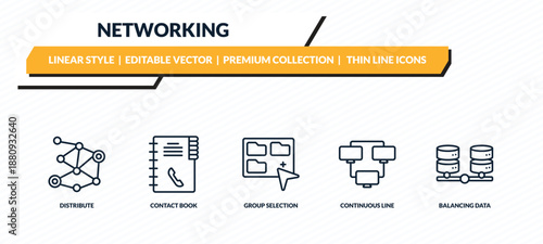 networking icons set - distribute, contact book, group selection, continuous line, balancing data outline vector collection.