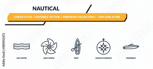 nautical icons set - salt water, boat screw, skiff, azimuth compass, speedboat outline vector collection.