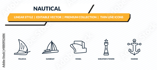 nautical icons set - felucca, gunboat, vessel, smeaton's tower, marine outline vector collection.