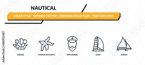 nautical icons set - caravel, starfish with dots, ship admiral, scow, iceboat outline vector collection.
