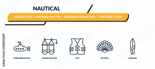 nautical icons set - submarine facing right, double air tank, vest, big shell, suroard outline vector collection.