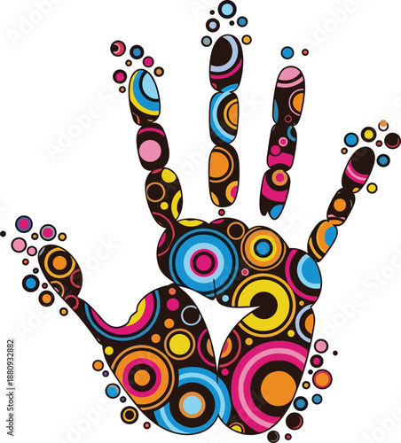 Artistic Human Handprint Silhouette Filled with Vibrant Colorful Geometric Circles and Dots Representing Creative Identity Diversity Imagination Unity and Modern Graphic Design Expression