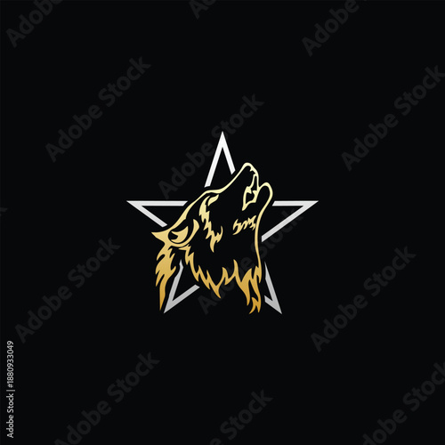 Golden wolf howling at silver star