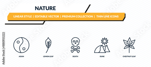 nature icons set - asian, lemon leaf, death, dune, chestnut leaf outline vector collection.