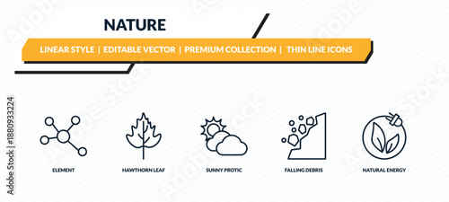 nature icons set - element, hawthorn leaf, sunny protic, falling debris, natural energy outline vector collection.