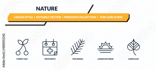nature icons set - cherry leaf, treatments, pine needle, landscape inside frame, linden leaf outline vector collection.