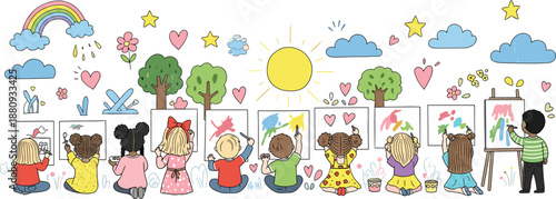 Diverse Group of Preschool Children Painting on Canvases in Outdoor Art Class Featuring Colorful Sun Rainbow Hearts and Nature Background for Educational Projects
