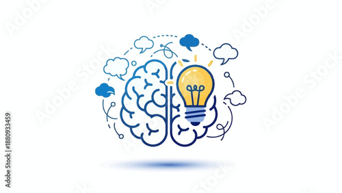 Brain with a light bulb and thought bubbles symbolizing creativity and ideas