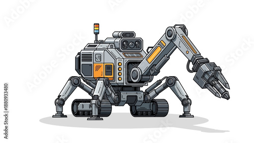 Futuristic spider robot with mechanical arm and claw