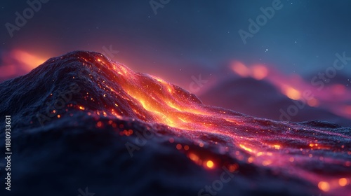 Ethereal lava flows on a rough planet surface under a twilight sky. Witness the beauty of nature's forces, with bright, hot lava flows carving their path across the surface