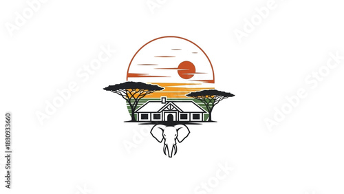 African safari lodge with elephant and sunset emblem