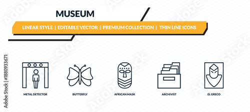 museum icons set - metal detector, butterfly, african mask, archivist, el greco outline vector collection.