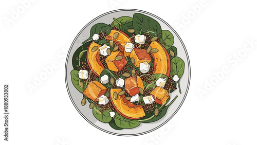Illustrated pumpkin and feta salad with spinach and seeds