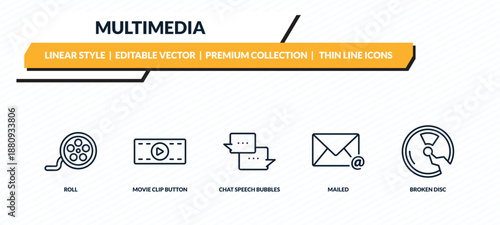 multimedia icons set - roll, movie clip button, chat speech bubbles, mailed, broken disc outline vector collection.