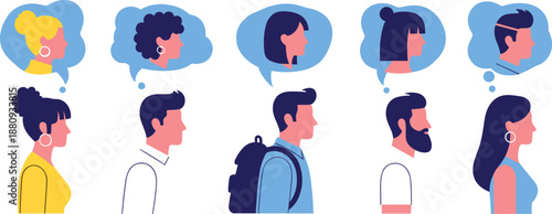 Diverse People Profile Avatars with Thought Bubbles and Internal Dialogue for Mental Health Awareness, Communication Concept, Psychological Support and Human Connection Social Media Design