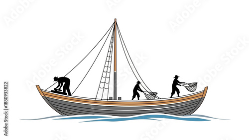 Fishermen casting nets from a sailboat on the sea.