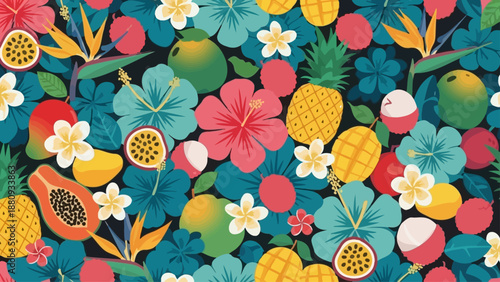 Vibrant tropical fruit and flower pattern on black background