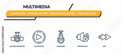 multimedia icons set - big video projector, play buttom, condenser, speaker mute, fast outline vector collection.
