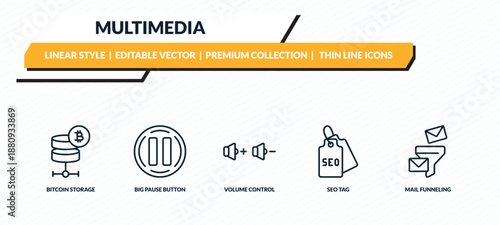 multimedia icons set - bitcoin storage, big pause button, volume control, seo tag, mail funneling outline vector collection.