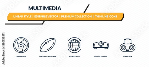 multimedia icons set - diaphragm, football balloon, world wide, projector len, boom box outline vector collection.