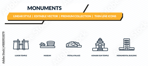 monuments icons set - luxor temple, museum, potala palace, konark sun temple, monumental building outline vector collection.