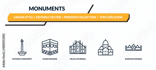 monuments icons set - national monument monas, kaaba building, milan cathedral, , badshahi mosque outline vector collection.