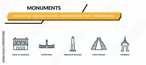 monuments icons set - lonja of zaragoza, retiro park, obelisk of bue aires, maya pyramid, cambodia outline vector collection.