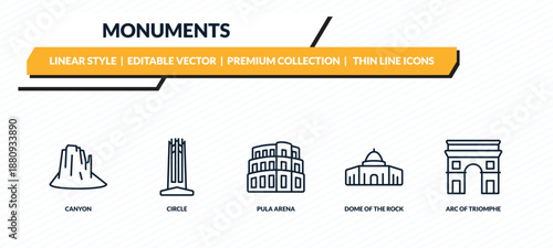 monuments icons set - canyon, circle, pula arena, dome of the rock, arc of triomphe outline vector collection.