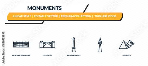 monuments icons set - palace of versailles, stari most, monument site, , egyptian outline vector collection.