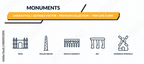 monuments icons set - spain, walled obelisk, segovia aqueduct, bay, kinderdijk windmills outline vector collection.