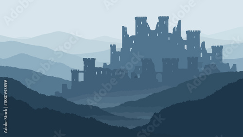 Silhouette of ancient castle ruins in a misty mountain landscape.