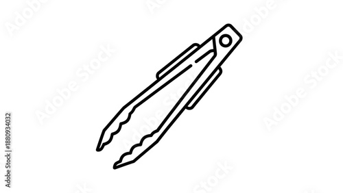 Black and white icon of kitchen tongs.