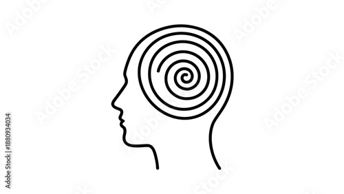 Head silhouette with spiral in brain, representing thought or hypnosis.