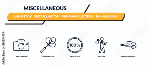 miscellaneous icons set - camera front, carpet beater, 100 percent, refugee, flame thrower outline vector collection.