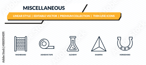 miscellaneous icons set - washboard, adhesive tape, alchemy, sharpen, horseshoes outline vector collection.