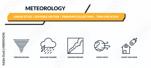 meteorology icons set - tornado season, rain and thunder, cracked ground, windy earth, comet and house outline vector collection.