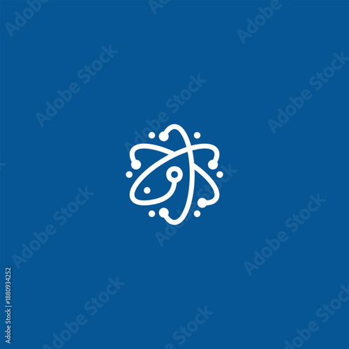 White atom emblem on blue backdrop