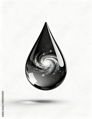 Cosmic Galaxy Swirl Reflected in a Glossy Black Water Droplet on White Background
