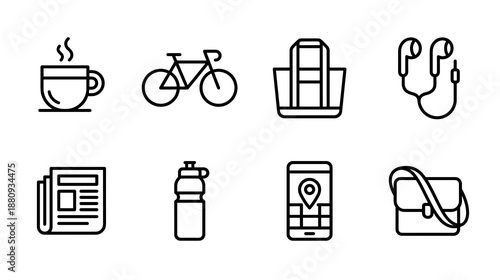 Collection of eight distinct icons depicts a steaming cup of coffee, a bicycle, a backpack earbuds a folded newspaper a water bottle a smartphone with a map application and a shoulder bag.
