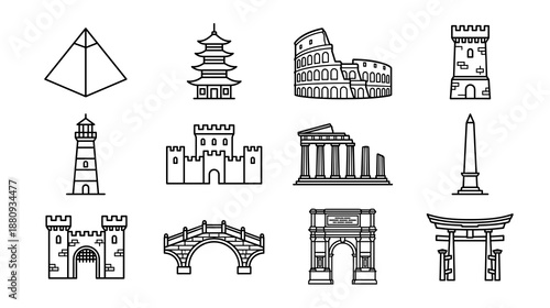 Assortment of famous architectural landmarks from around the world are depicted in a minimalist line art style.