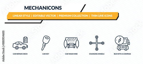 mechanicons icons set - car repair check, car key, car wash hine, changing wheels tool, bus with a compass outline vector collection.
