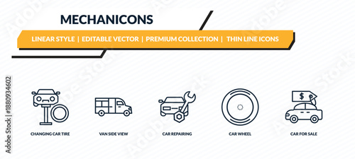 mechanicons icons set - changing car tire, van side view, car repairing, car wheel, for sale outline vector collection.