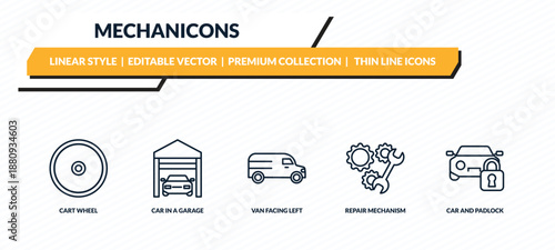 mechanicons icons set - cart wheel, car in a garage, van facing left, repair mechanism, car and padlock outline vector collection.