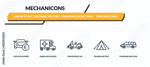 mechanicons icons set - car sale in euros, ambulance facing left, convertible car, triangular tent, limousine side view outline vector collection.