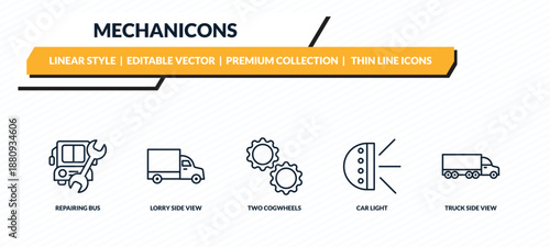mechanicons icons set - repairing bus, lorry side view, two cogwheels, car light, truck side view outline vector collection.