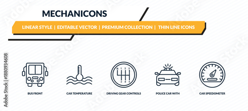 mechanicons icons set - bus front, car temperature, driving gear controls, police car with light, car speedometer outline vector collection.