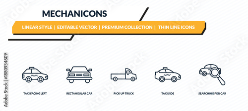 mechanicons icons set - taxi facing left, rectangular car front, pick up truck, taxi side, searching for car outline vector collection.