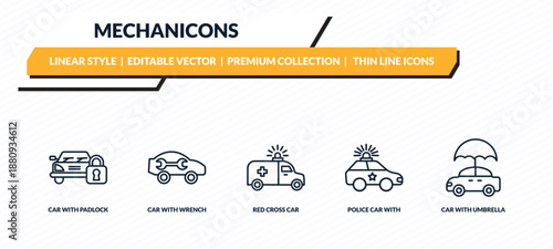 mechanicons icons set - car with padlock, car with wrench, red cross car, police with lights, umbrella outline vector collection.