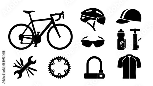 Detailed silhouette of a road bicycle is presented alongside essential cycling accessories including helmets, sunglasses, a water bottle, and a tire pump.